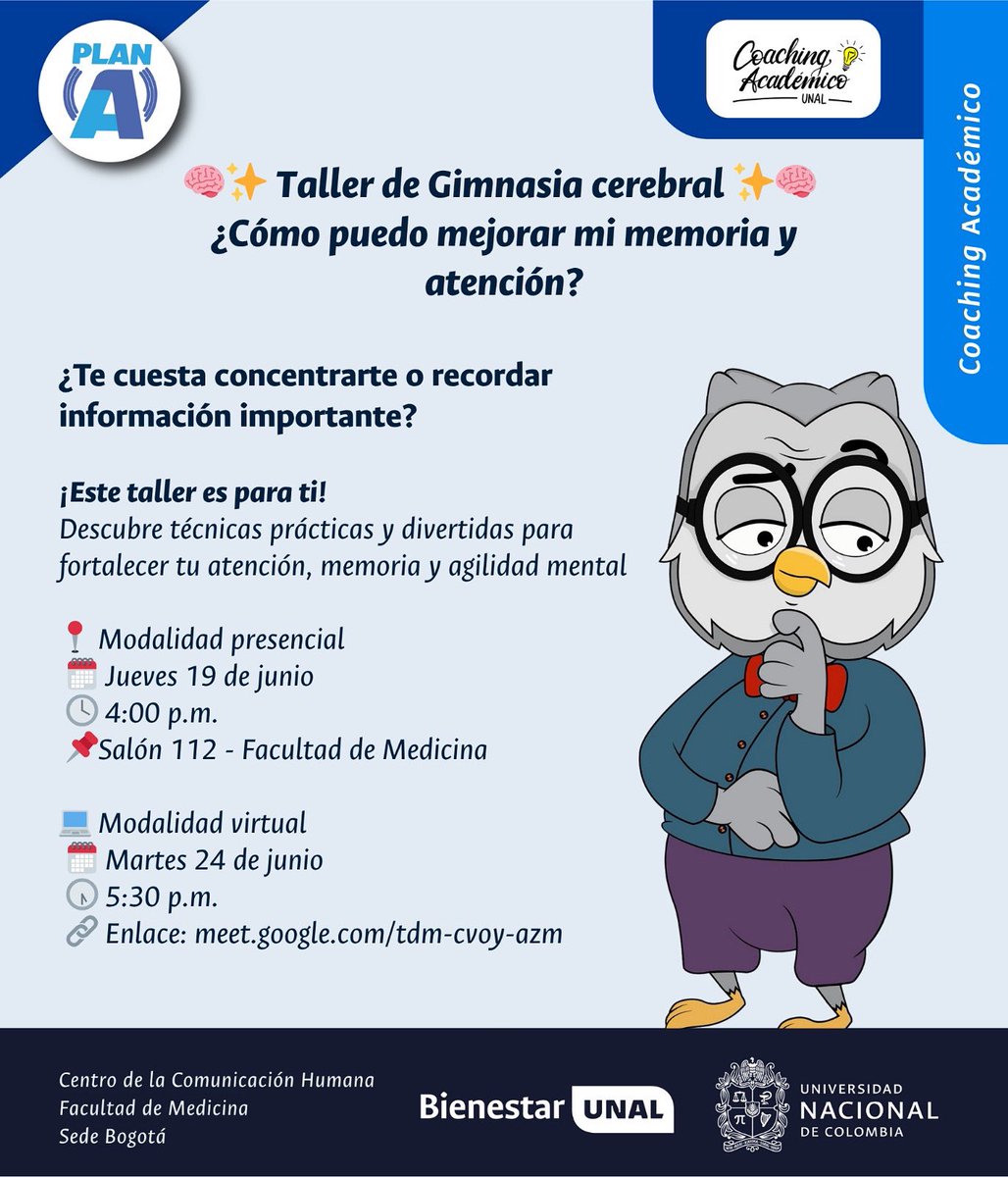 ¿Te cuesta concentrarte o recordar información importante?
¡Este taller es para ti!

Ven al Taller de Gimnasia Cerebral y aprende técnicas prácticas y divertidas para fortalecer tu memoria, atención y agilidad mental.

🔗 Enlace: meet.google.com/tdm-cvoy-azm