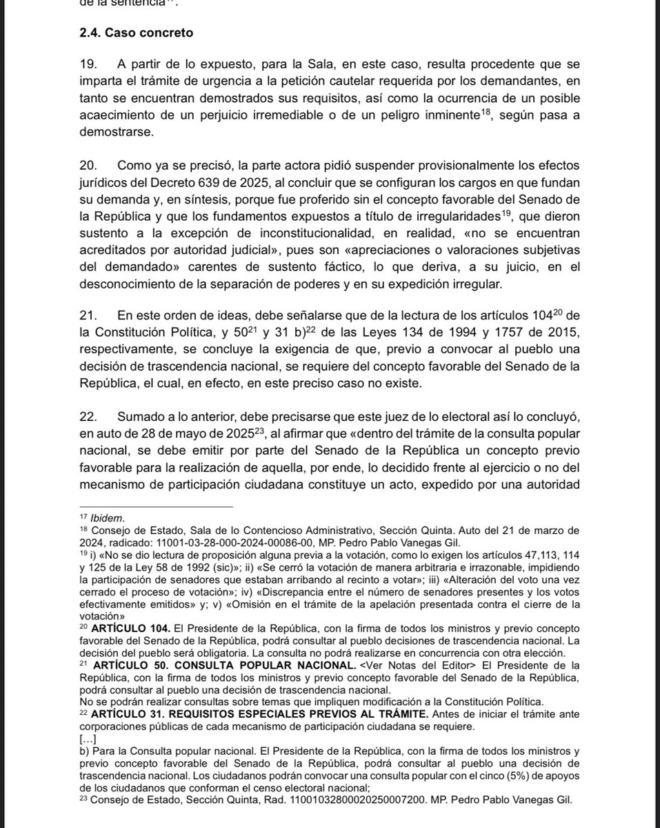 Consejo de Estado suspende efectos del decreto que convoca consulta popular.