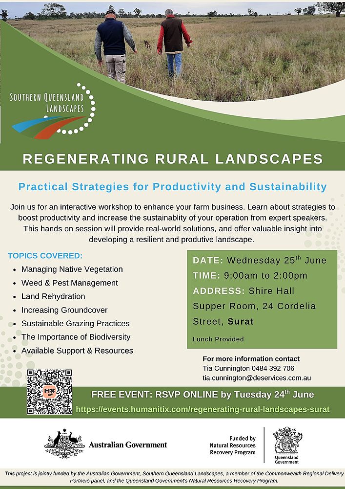 FutureBeef (@futurebeef) on Twitter photo 🌱 Regenerating Rural Landscapes – Surat
📅 25 June | 📍 Surat
Join Southern QLD Landscapes for a practical workshop on boosting productivity + sustainability.
Topics: grazing, land rehydration, weeds, biodiversity + more.
🎟️ RSVP by 24 June bit.ly/44dxthH
<a href="/SQLandscapes/">Southern Qld Landscapes</a> 🌱 Regenerating Rural Landscapes – Surat
📅 25 June | 📍 Surat
Join Southern QLD Landscapes for a practical workshop on boosting productivity + sustainability.
Topics: grazing, land rehydration, weeds, biodiversity + more.
🎟️ RSVP by 24 June bit.ly/44dxthH
<a href="/SQLandscapes/">Southern Qld Landscapes</a>
