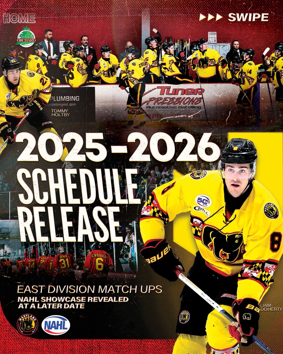 The @nahlhockey has released its 25-26 Regular Season Schedule! Swipe to see your Maryland Black Bears’s East Division match ups 🐻🟡⚫️

In addition, the NAHL Showcase dates &amp; time shall be released at a later date. 

📸 <a href="/TheArtOfPicture/">The Art of Pictures</a> <a href="/FOHSRadio/">Face Off Hockey Show ®️</a> | #MarylandBlackBears #NAHL