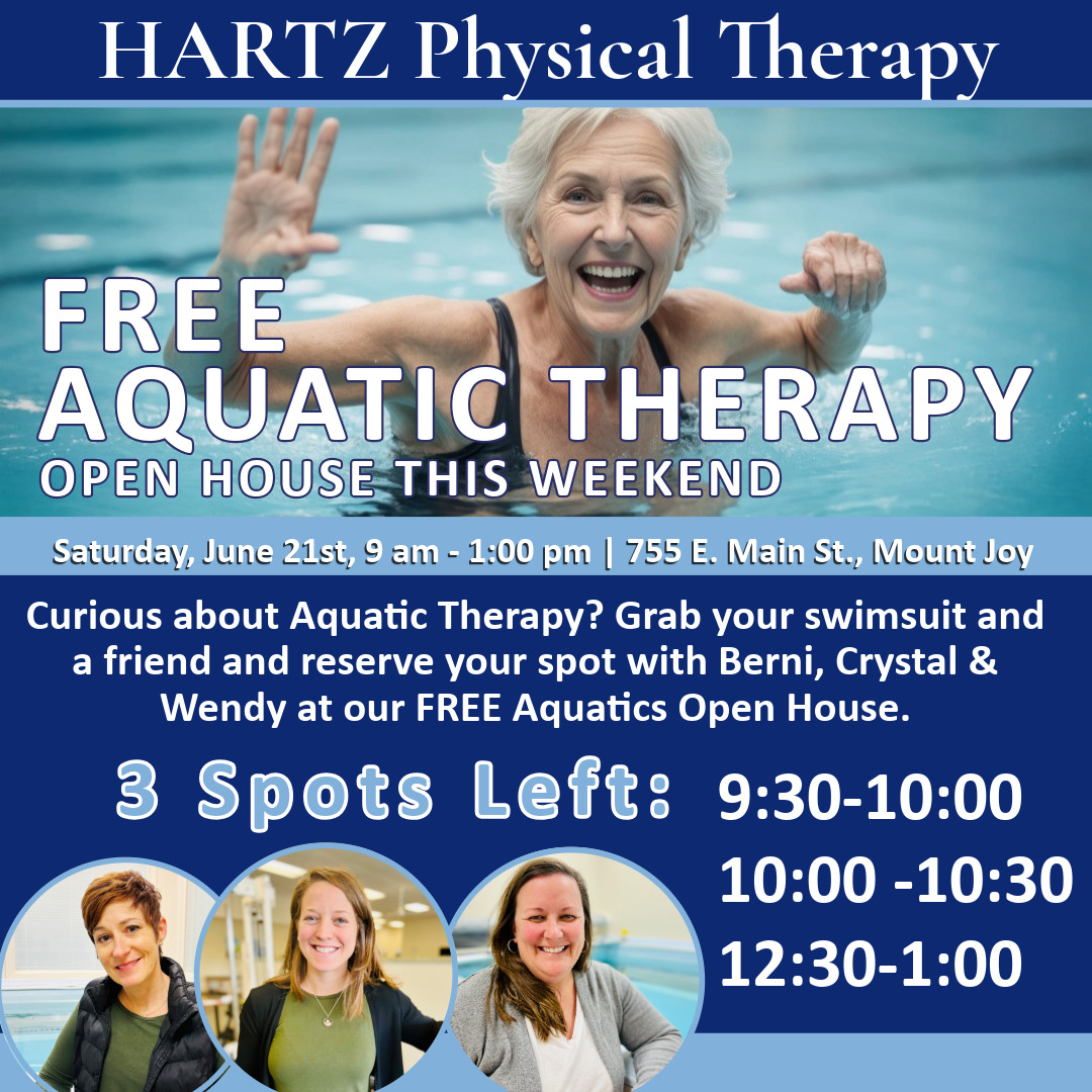 🚨 Just 3 spots left! 🚨
Join us this Saturday for our FREE Aquatic Therapy Open House 💦
Try the pool, meet the team &amp; see how water can help you heal!

📍 HARTZ PT Mount JOy
👉 RSVP now: hartzpt.com/community/semi…
#AquaticTherapy #HARTZPT #FreeEvent