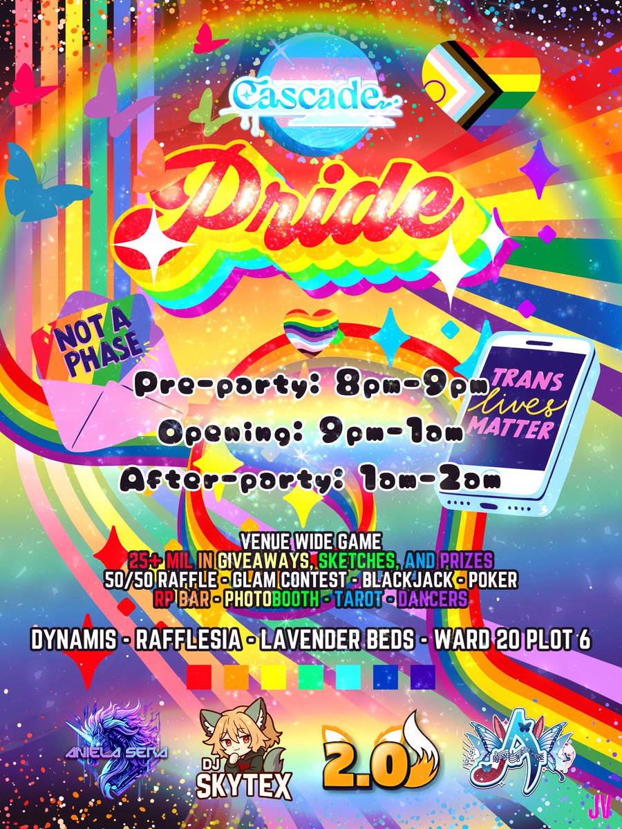 CascadeXIV (@cascadexiv) on Twitter photo Cascade - *Pride Night*
8:00pm - 2:00am EST
Dynamis - Rafflesia - LB - W20 - P6
- 25m+ in Art, Prizes & Giveaways
- Contests
- Thematic Photobooth
- Gamba
- Tarot
- RP Bar
- And more!!
Music: <a href="/AnielaSera/">Aniela Sera</a> , <a href="/SkyTexVT/">DJ SkyTex</a> , <a href="/two_pointzero/">two pointzero</a> & <a href="/AemiliaSatella/">Aemilia 🦋🎵</a>
Flyer: Jay Ve
#FFXIV Cascade - *Pride Night*
8:00pm - 2:00am EST
Dynamis - Rafflesia - LB - W20 - P6
- 25m+ in Art, Prizes & Giveaways
- Contests
- Thematic Photobooth
- Gamba
- Tarot
- RP Bar
- And more!!
Music: <a href="/AnielaSera/">Aniela Sera</a> , <a href="/SkyTexVT/">DJ SkyTex</a> , <a href="/two_pointzero/">two pointzero</a> & <a href="/AemiliaSatella/">Aemilia 🦋🎵</a>
Flyer: Jay Ve
#FFXIV
