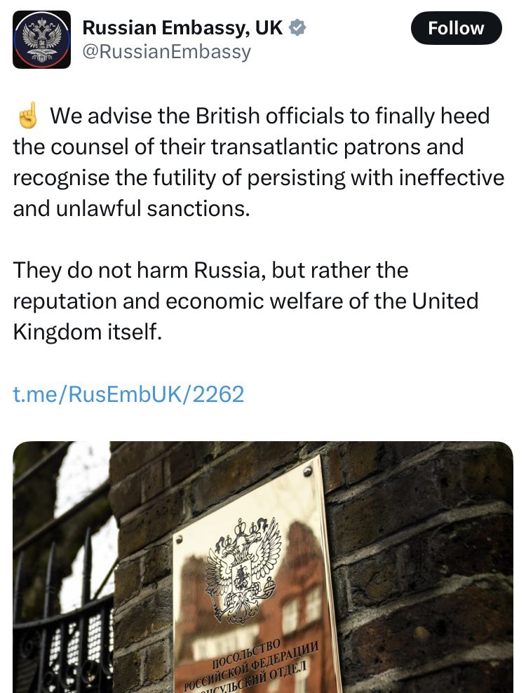 DomNicholls's tweet image. Two recent tweets from the Russian embassy in London making it crystal clear that sanctions absolutely, definitely, 1000%-ey aren’t hurting Moscow, oh no, no, no, don’t be daft, only an idiot would think such a thing. Have I got that right @RussianEmbassy?
