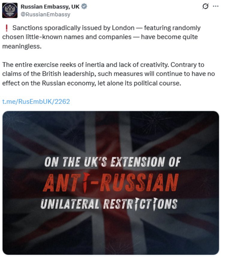 DomNicholls's tweet image. Two recent tweets from the Russian embassy in London making it crystal clear that sanctions absolutely, definitely, 1000%-ey aren’t hurting Moscow, oh no, no, no, don’t be daft, only an idiot would think such a thing. Have I got that right @RussianEmbassy?