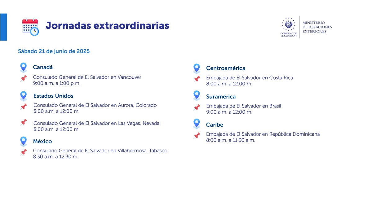 cancilleriasv's tweet image. 📣 Conoce las representaciones que realizarán jornadas extraordinarias y consulados móviles este fin de semana.
Para saber los requisitos del trámite que deseas solicitar, escríbenos a WhatsApp:
📲 7070-1071