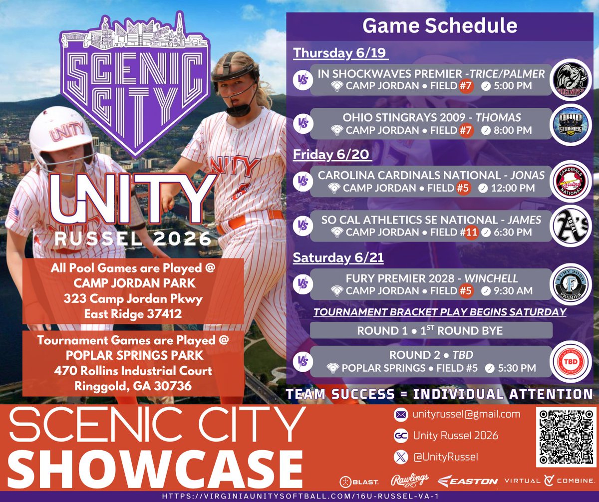 ‼️📢SCHEDULE UPDATE📢‼️ Our fields for the #ScenicCity Showcase changed.  The locations that updated are highlighted with a orange🟠circle.  Same dates, times, &amp; opponents. We cannot wait to hit the field tomorrow!!!
#Unitystrong <a href="/ConnectSports_/">Connect Sports</a> <a href="/VAUnitySB/">Unity Softball</a> <a href="/UnityCoachJosh/">Josh Johnson</a>