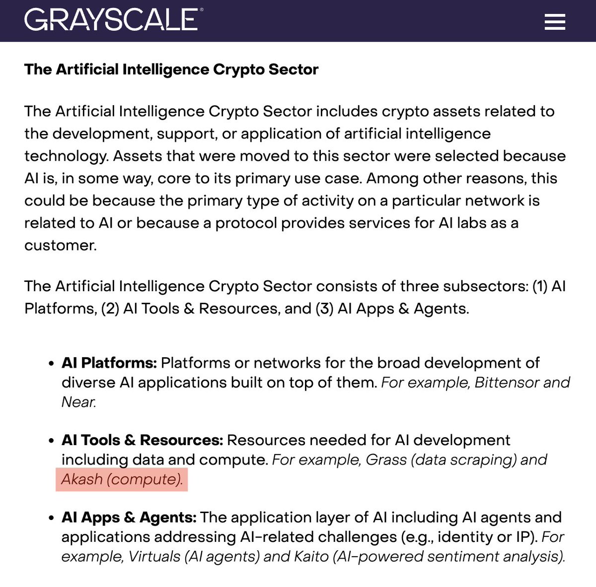 Grayscale’s AI Crypto Sector highlights the key projects shaping the space — featuring $AKT in the AI Resources subsector.