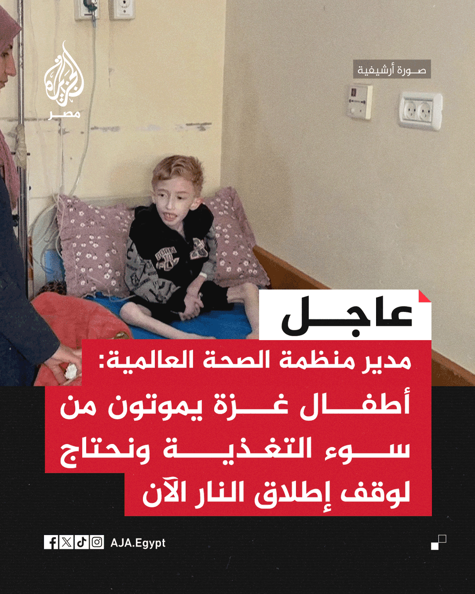 AJA_Egypt's tweet photo. عاجل | مدير منظمة الصحة العالمية: أطفال غزة يموتون من سوء التغذية ونحتاج لوقف إطلاق النار الآن https://t.co/bCajnVdtwv