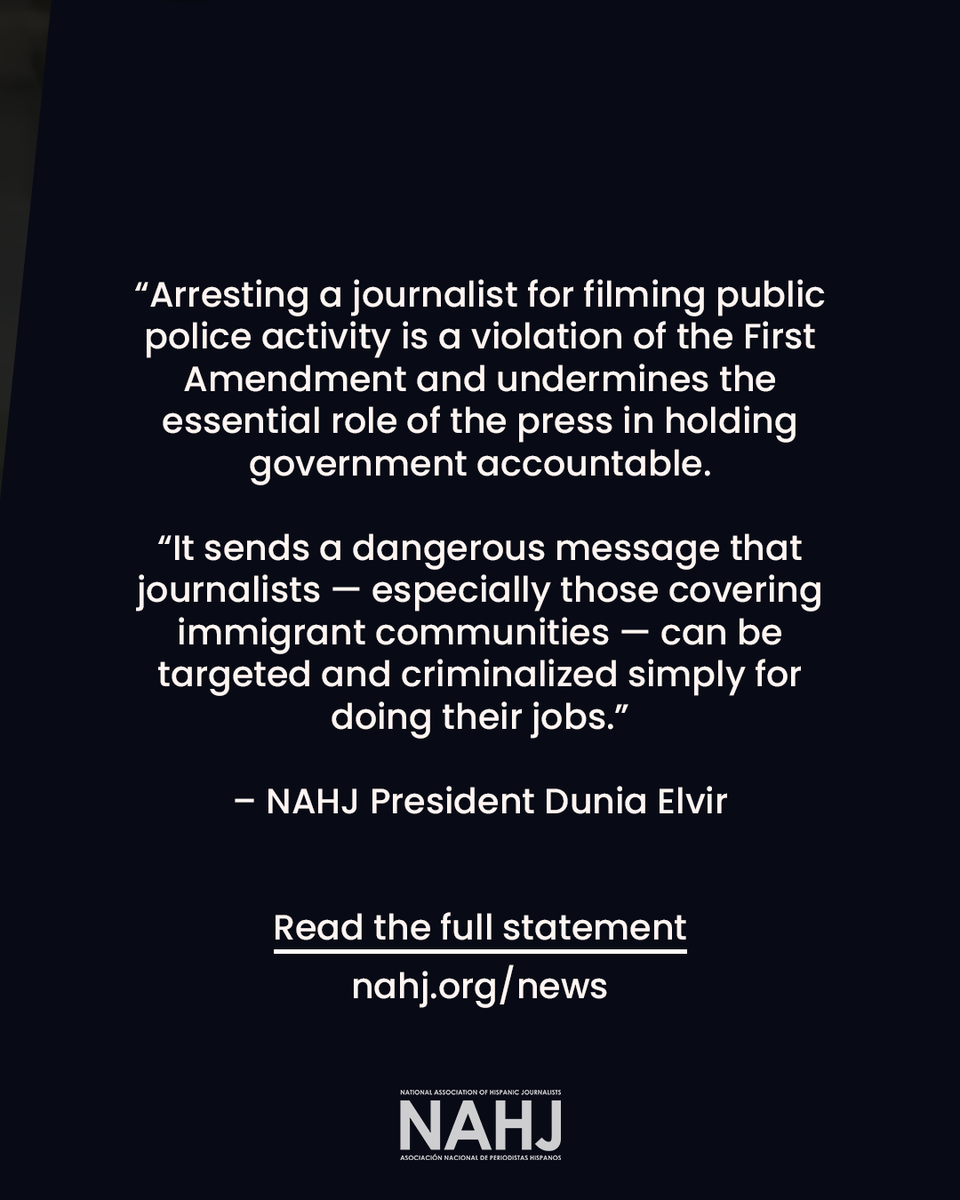 NAHJ condemns the arrest of journalist Mario Guevara  while covering a protest in metro Atlanta and his subsequent transfer into ICE custody — an alarming affront to #pressfreedom and due process in the U.S.

Read the statement: nahj.org/news