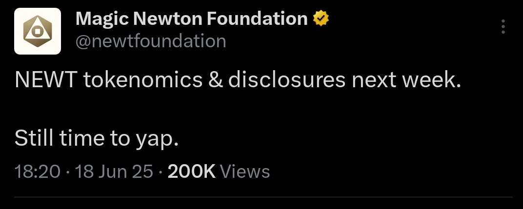 Mikolo(Ø,G) TAKER (@mykel__1) on Twitter photo Excited for the NEWT tokenomics reveal next week from <a href="/newtfoundation/">Magic Newton Foundation</a>
With $90M backing and a 0.75% airdrop for early yappers, this is set to moon! Stay vigilant, join the hype, and let’s ride this wave together GNewt Excited for the NEWT tokenomics reveal next week from <a href="/newtfoundation/">Magic Newton Foundation</a>
With $90M backing and a 0.75% airdrop for early yappers, this is set to moon! Stay vigilant, join the hype, and let’s ride this wave together GNewt