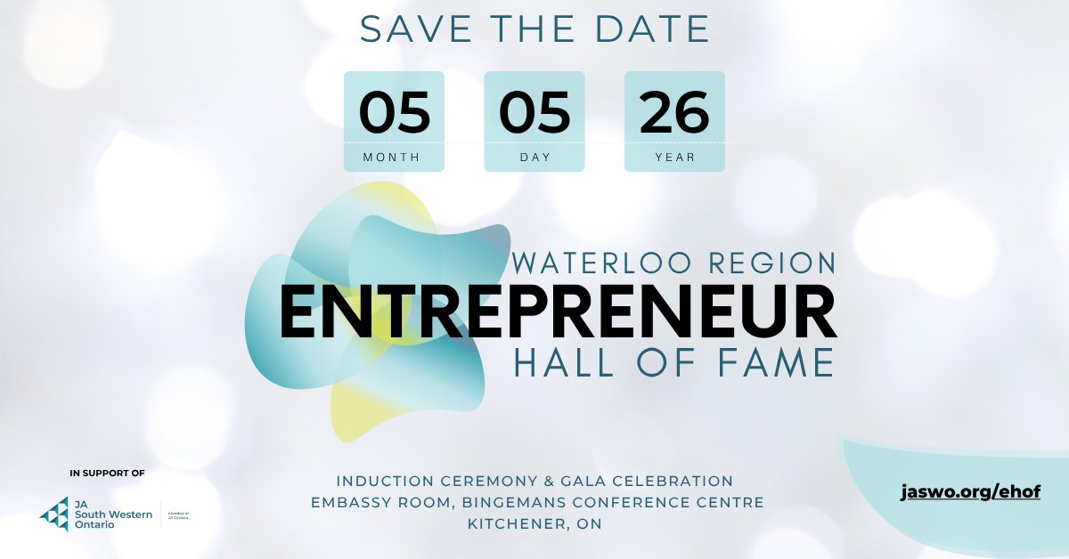 The date has been set! The Waterloo Region Entrepreneur Hall of Fame returns to honour visionary entrepreneurs who have built lasting legacies. 

Nominations remain open through September 30: jaswo.org/EHOF

#EHOF2026 #entrepreneurs #waterlooregion #kitchenerwaterloo