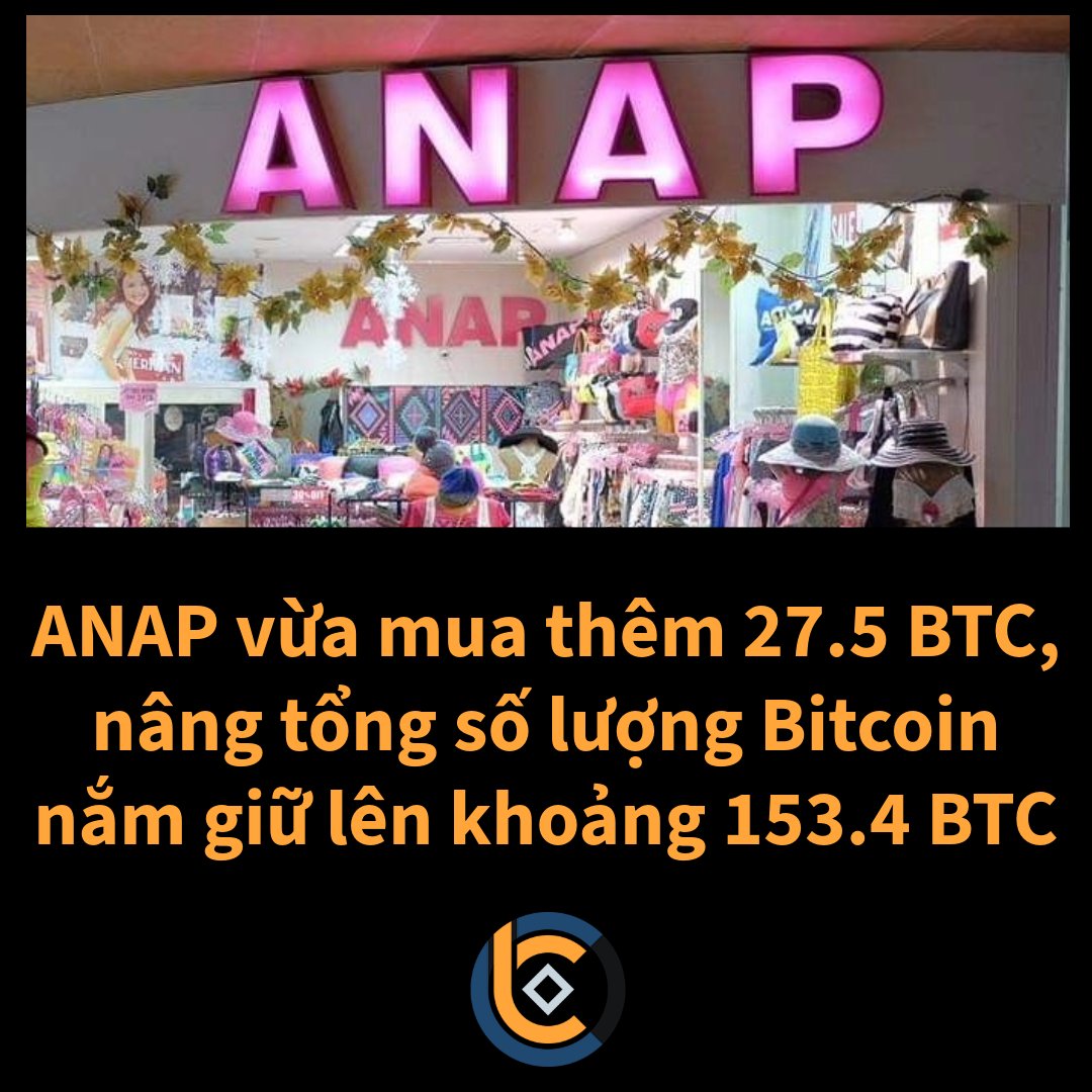 ThuanCapital's tweet photo. 🇯🇵 Thương hiệu thời trang bán lẻ Nhật Bản ANAP vừa mua thêm 27.5 BTC, nâng tổng số lượng Bitcoin nắm giữ lên khoảng 153.4 BTC. Mục tiêu của công ty là tích lũy 1,000 BTC. https://t.co/LyBHhlJgfa