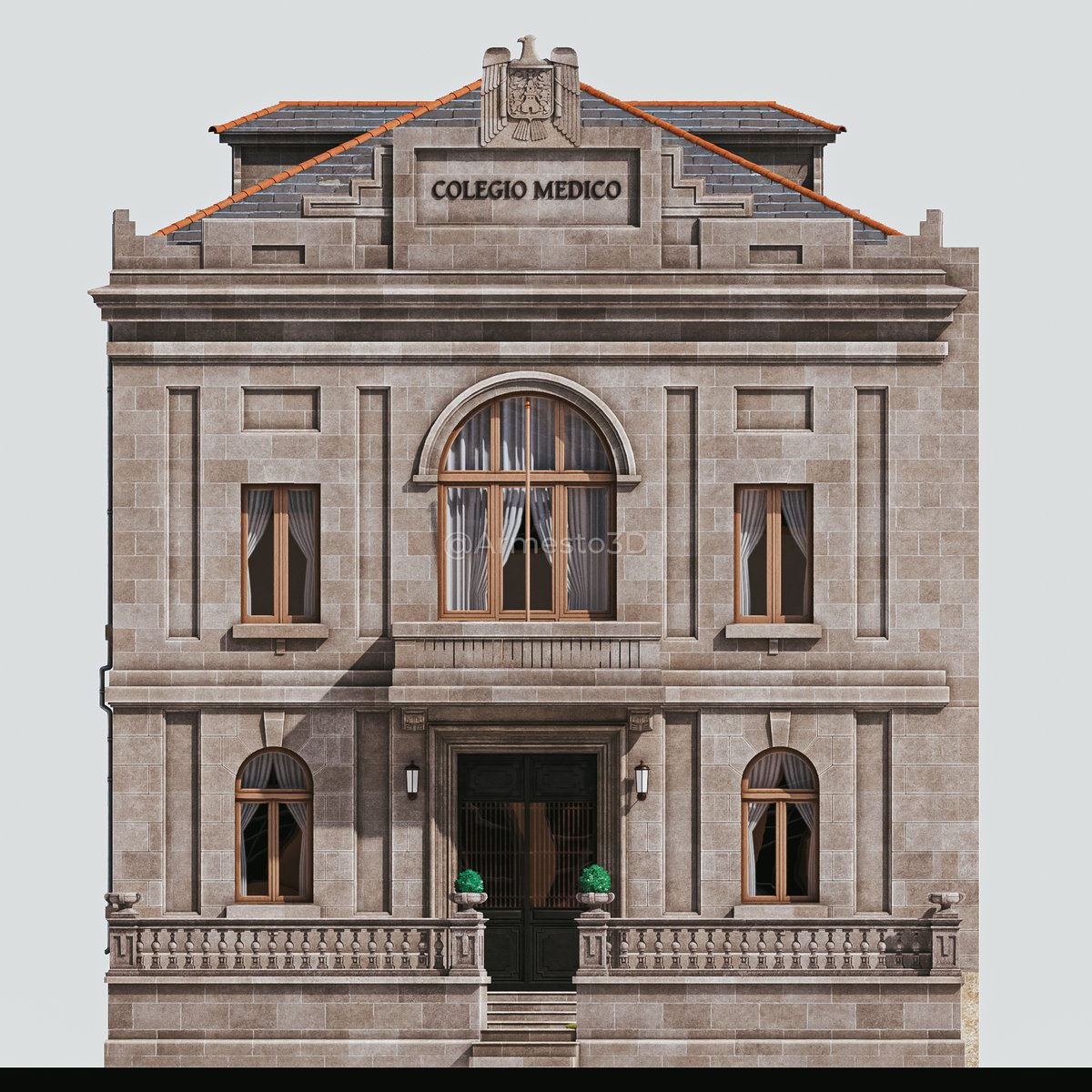 Un traballo que fixen estes días: O Colexio Médico de Lugo, un edificio que durou 16 anos diante do IES Xoán Montes, do mesmo arquitecto (Eloy Maquieira) nunha etapa non tan interesante. 
Máis imaxes e información aquí:
artstation.com/artwork/a0ZA6z