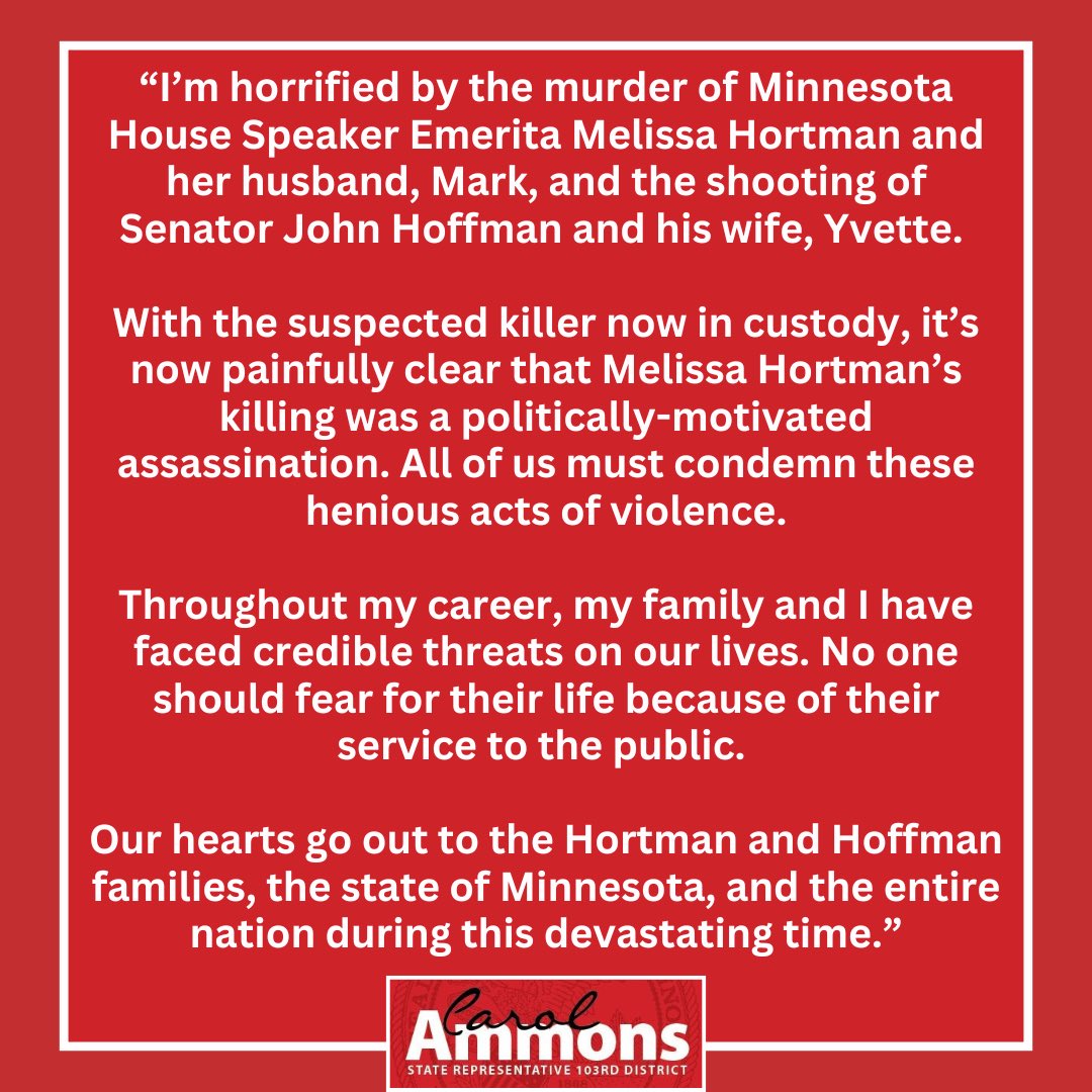 My statement on the assassination of Minnesota House Speaker Emerita Melissa Hortman and the shooting of Senator John Hoffman: