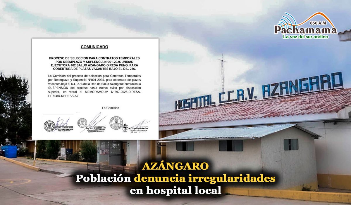 ((🔴)) #Azángaro: Postulantes al hospital de Azángaro denuncian suspensión reiterada del proceso y cobros de 120 soles por certificados de salud física y mental. La población exige transparencia.

👉 #Azángaro| #PachamamaNoticias #Puno #PachamamaInforma