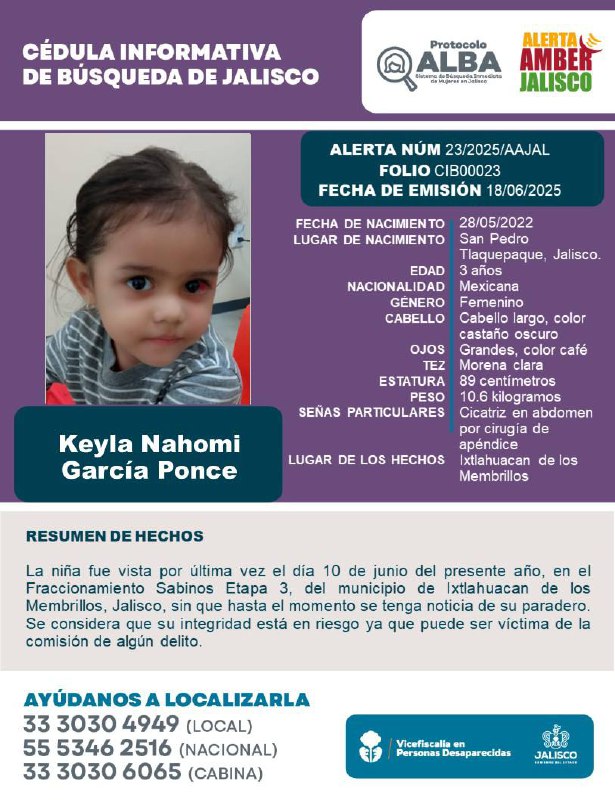 #AlertaAmber y #ProtocoloAlba solicitan tu apoyo para la búsqueda y localización de KEYLA NAHOMI GARCÍA PONCE de 3 años de edad. Gracias por compartir la información.