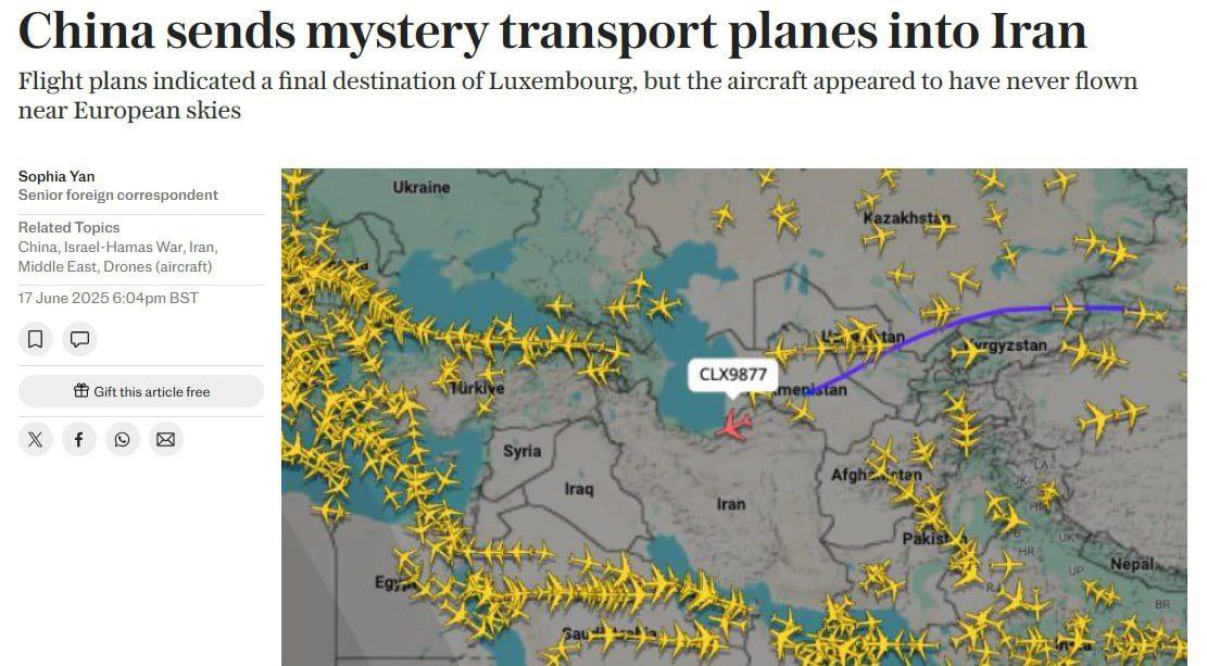 Melissa Chen (@msmelchen) on Twitter photo ๐ฎ๐ทChina begins shipping mystery cargo to Iran after Israeli attack โ according to The <a href="/Telegraph/">The Telegraph</a>
The day after the Israeli strike, a cargo plane took off from China on Friday. The next day, a second plane took off from the coastal city. On Monday, another one, this time from ๐ฎ๐ทChina begins shipping mystery cargo to Iran after Israeli attack โ according to The <a href="/Telegraph/">The Telegraph</a>
The day after the Israeli strike, a cargo plane took off from China on Friday. The next day, a second plane took off from the coastal city. On Monday, another one, this time from