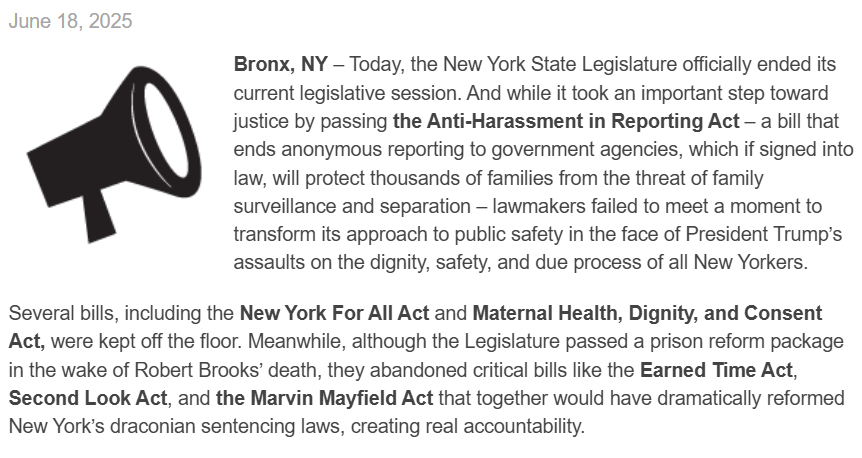The State Legislature ended its legislative session. While it took an important step toward justice by passing the Anti-Harassment in Reporting Act, lawmakers failed to meet the moment. 

Read our full statement: bronxdefenders.org/on-the-eve-of-…