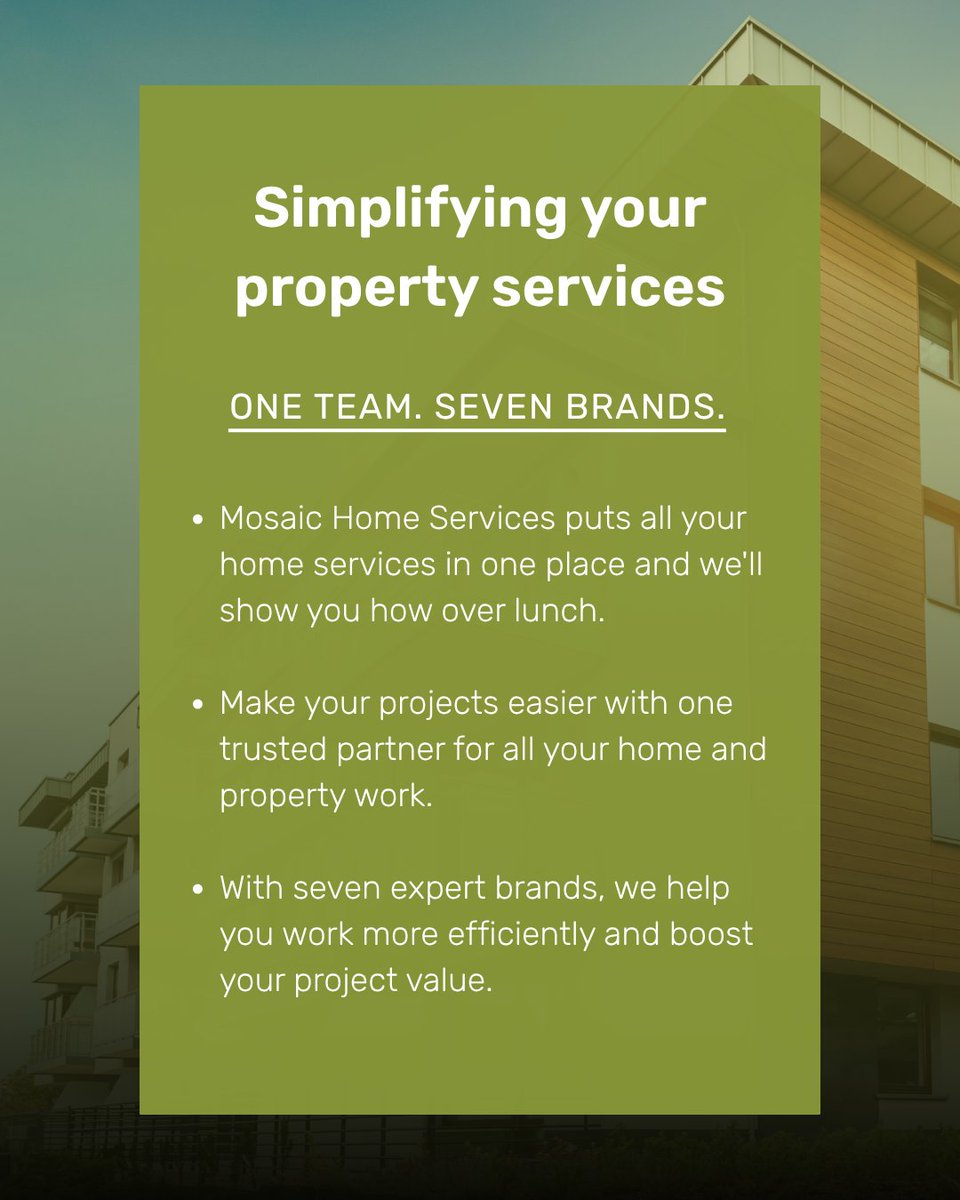 GetMosaicYeg's tweet image. Simplify Your Property Projects, All in One Place
At Mosaic Home Services, our seven brands handle everything—from cleaning & painting to residential and commercial fencing, demolition, screen door and window services, and lighting solutions streamlining your property projects