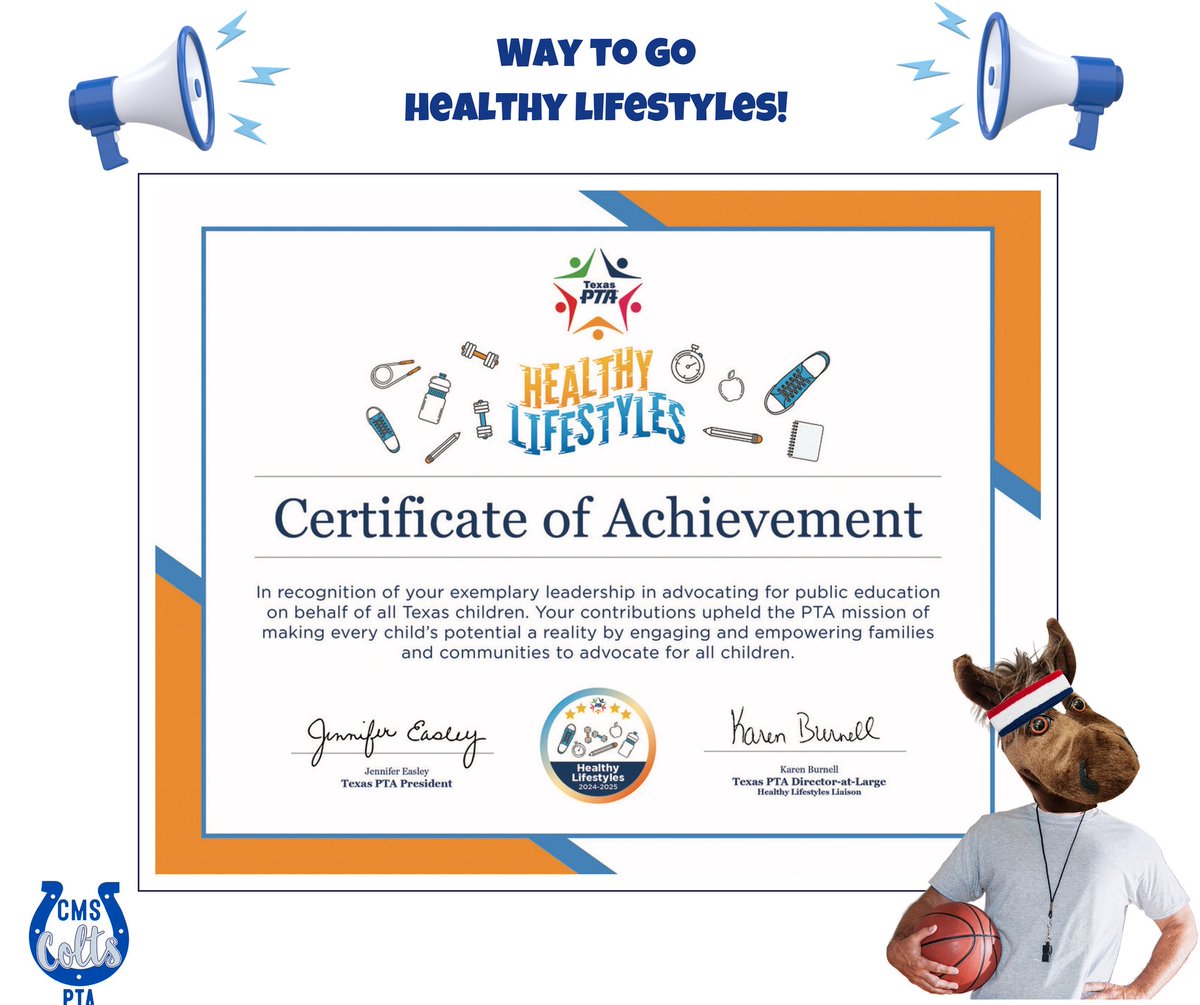 Congratulations CMS PTA Healthy Lifestyles! 

Texas PTA is proud to congratulate you for your great work in Healthy Lifestyles...and for winning the Oustanding Healthy Lifestyles Award among Local Secondary PTAs!

#GCISD