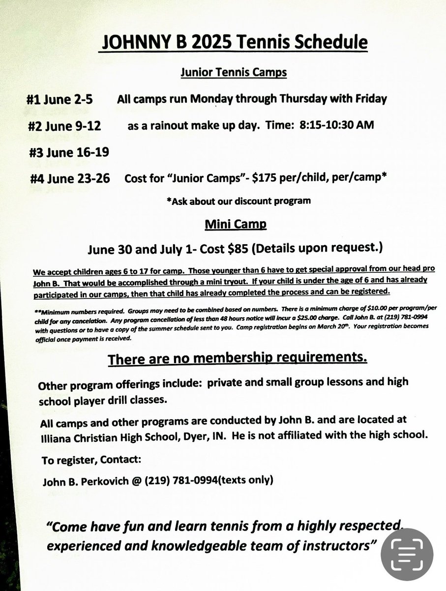 With the summer tennis camp at munster High School coming to an end, I wanted to put some other tennis camp options out there for anybody that may be interested.  Let them know that you heard about the camp from here.