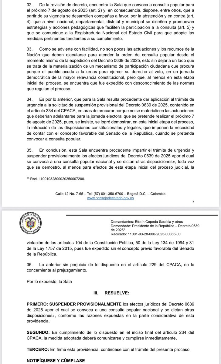 CONSEJO DE ESTADO SUSPENDE DECRETO CONVOCA A CONSULTA POPULAR. C.E: La Sala concluyó que era procedente impartir trámite de urgencia a la medida cautelar solicitada, al acreditarse la posible ocurrencia de un perjuicio irremediable o un peligro inminente. Esta conclusión se