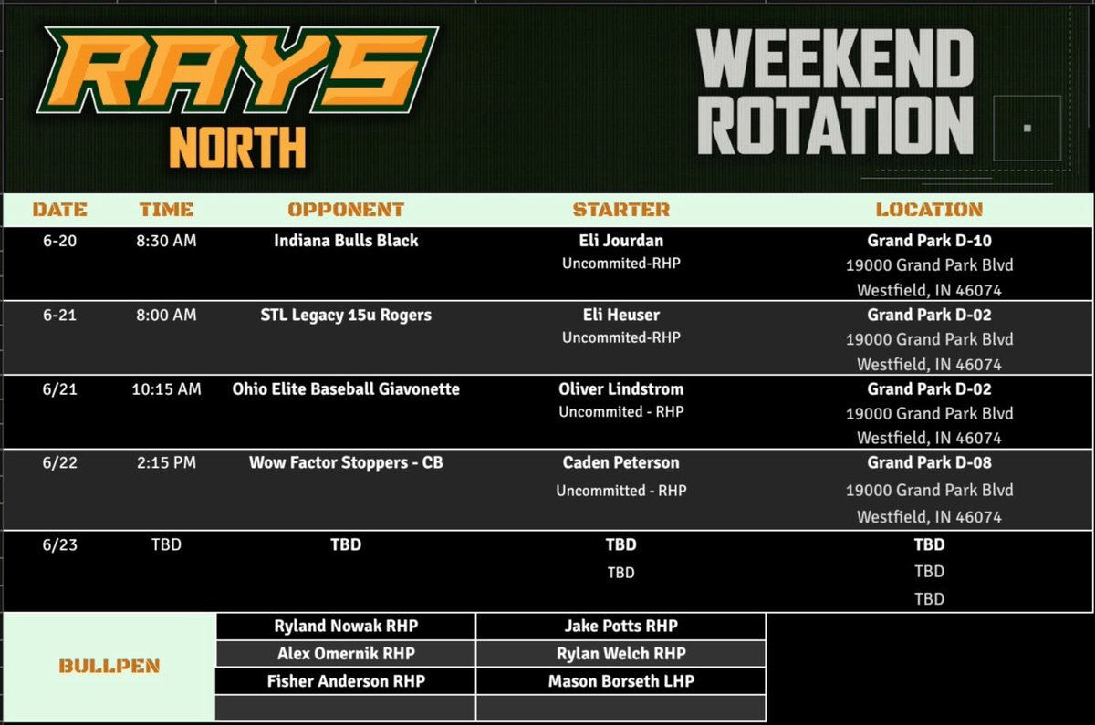 GRB North 15u Green Schedule and Rotation for the upcoming weekend at the <a href="/Bullpenevents/">Bullpen Tournaments</a> 15u MPL. #RaysYourGame