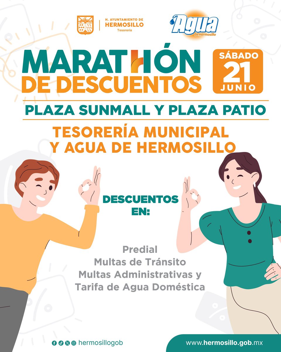 Regresa el Doble Maratón de Descuentos de Tesorería Municipal 💸

El sábado 21 de junio, módulos itinerantes estarán en Sun Mall y Plaza Patio de 9 a.m. a 3 p.m. 📍

Descuentos en:
✔️ Recargos y multas de predial
✔️ Multas de tránsito y administrativas
✔️ Tarifa de agua doméstica