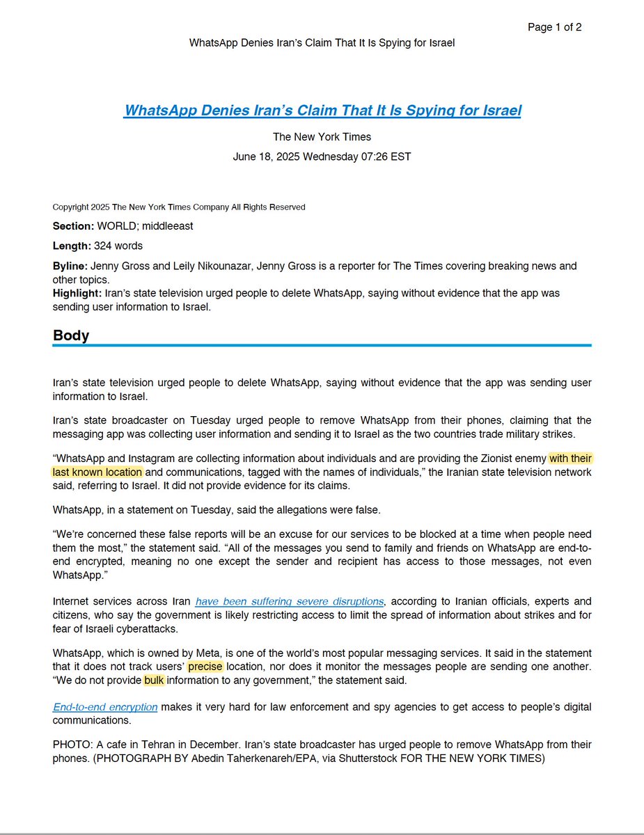 Iran accused WhatsApp of providing its users' "last known location" to Israel. In its unconvincing denial, WhatsApp used weasel words to sidestep that allegation, which it did not directly address.