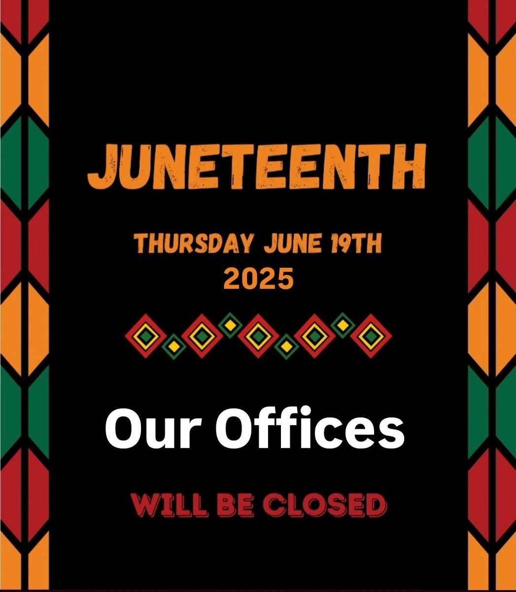 We will be Closed on Thursday June 19th in observance of JUNETEENTH #Closed Offices #Attorney #Lawyer #Thursday #juneteenth #freeconsultation