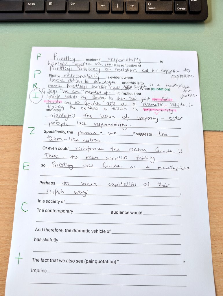 SecondaryEng's tweet image. Trialling a literal talking framework... I asked students to write their suggestions for each gap on their mini whiteboard one at a time to check understanding and correct/upgrade. It was a great strategy: unpicked a few gaps! Reflection: use boxes instead of silly, tiny lines.🤦♀️