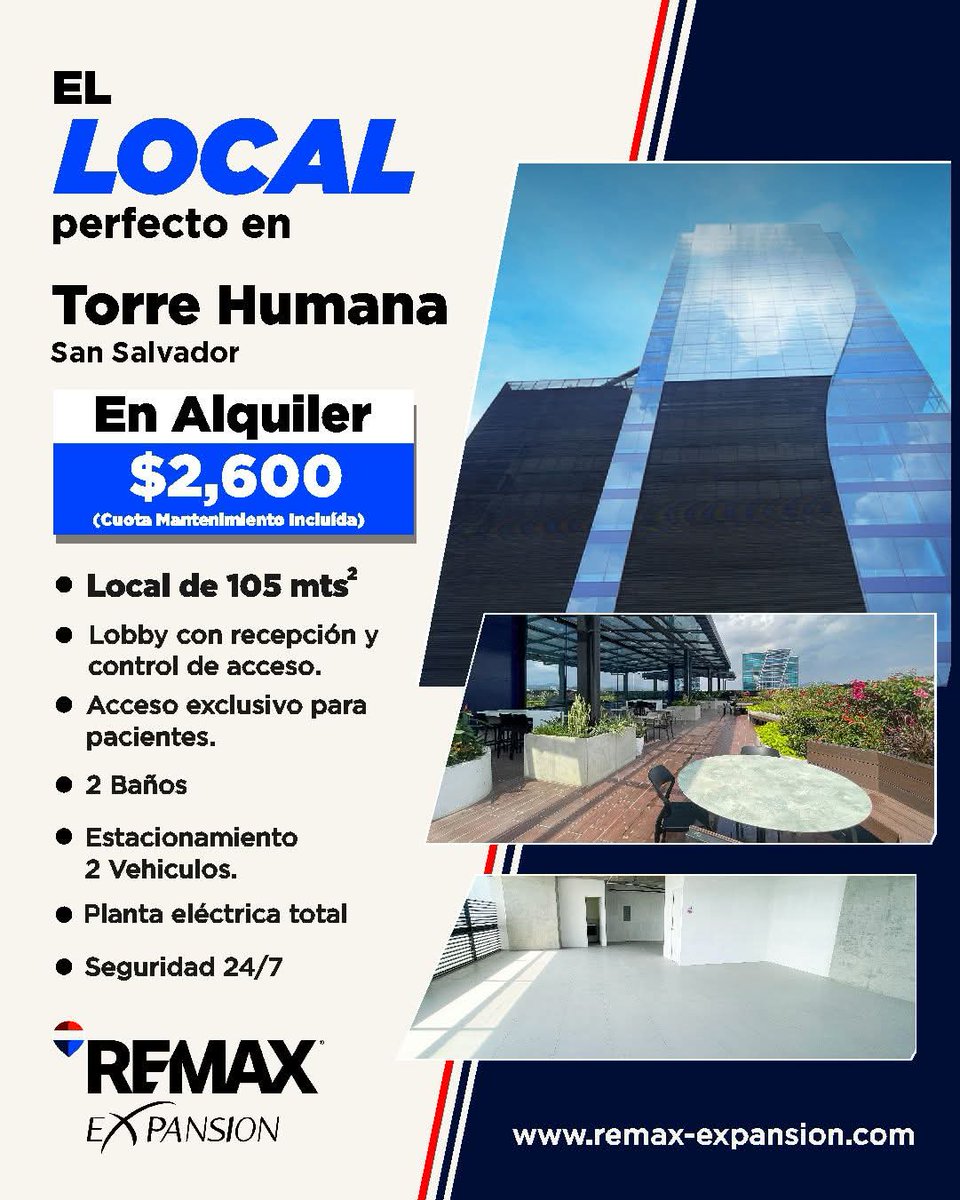 MariaSa45130069's tweet photo. Se alquila local para médicos en Torre Humana, Colonia Escalón.
📐Área: 105 m²
🚽2 baños
🚘2 parqueos
💰Alquiler $2,600

📩Contáctame para mayor información.

#remax #marusalaverria #bienesraices #realestate #inmobiliaria https://t.co/nbmCajgyPj