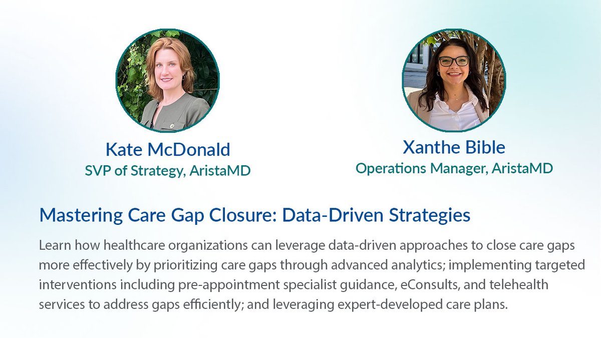 Join us on Friday, June 27 at 3:00 PM EDT as Xanthe Bible, Operations Manager, and Kate McDonald, SVP of Strategy at AristaMD, share proven methodologies for identifying and closing care gaps to improve both patient outcomes and quality performance.

hubs.ly/Q03sNNPQ0