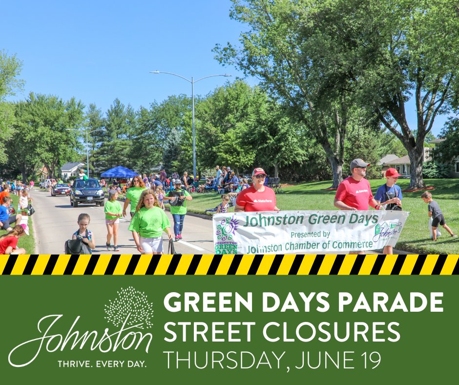 Johnston Green Days returns June 19–21 with live music, family fun, great food, and the annual parade.

The parade starts at 6:00 p.m. Thursday, June 19. Pioneer Parkway closes at 5:30 p.m.

Plan ahead and learn more: cityofjohnston.com/CivicAlerts.as…