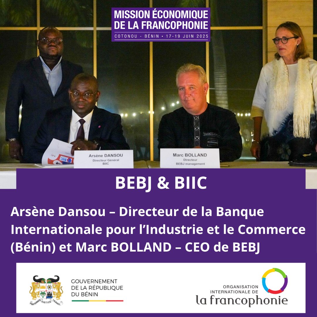 La Francophonie (@oifrancophonie) on Twitter photo 📍Cotonou – 18 juin
✅ 4 contrats signés à la Mission Économique de la Francophonie !
🇫🇷🤝🇧🇯 S3A & La Bonne Viande (produits de poulet marinés)
🇱🇧🤝🇧🇯 Dolmen & HADSTONE (solaire, biochar, agriculture)
🇧🇪🤝🇧🇯 BEBJ & Les Fruits Tillou (30 M€ pour biochar)
🇧🇪🤝🇧🇯 BEBJ & <a href="/biic_bank/">BIIC</a> 📍Cotonou – 18 juin
✅ 4 contrats signés à la Mission Économique de la Francophonie !
🇫🇷🤝🇧🇯 S3A & La Bonne Viande (produits de poulet marinés)
🇱🇧🤝🇧🇯 Dolmen & HADSTONE (solaire, biochar, agriculture)
🇧🇪🤝🇧🇯 BEBJ & Les Fruits Tillou (30 M€ pour biochar)
🇧🇪🤝🇧🇯 BEBJ & <a href="/biic_bank/">BIIC</a>