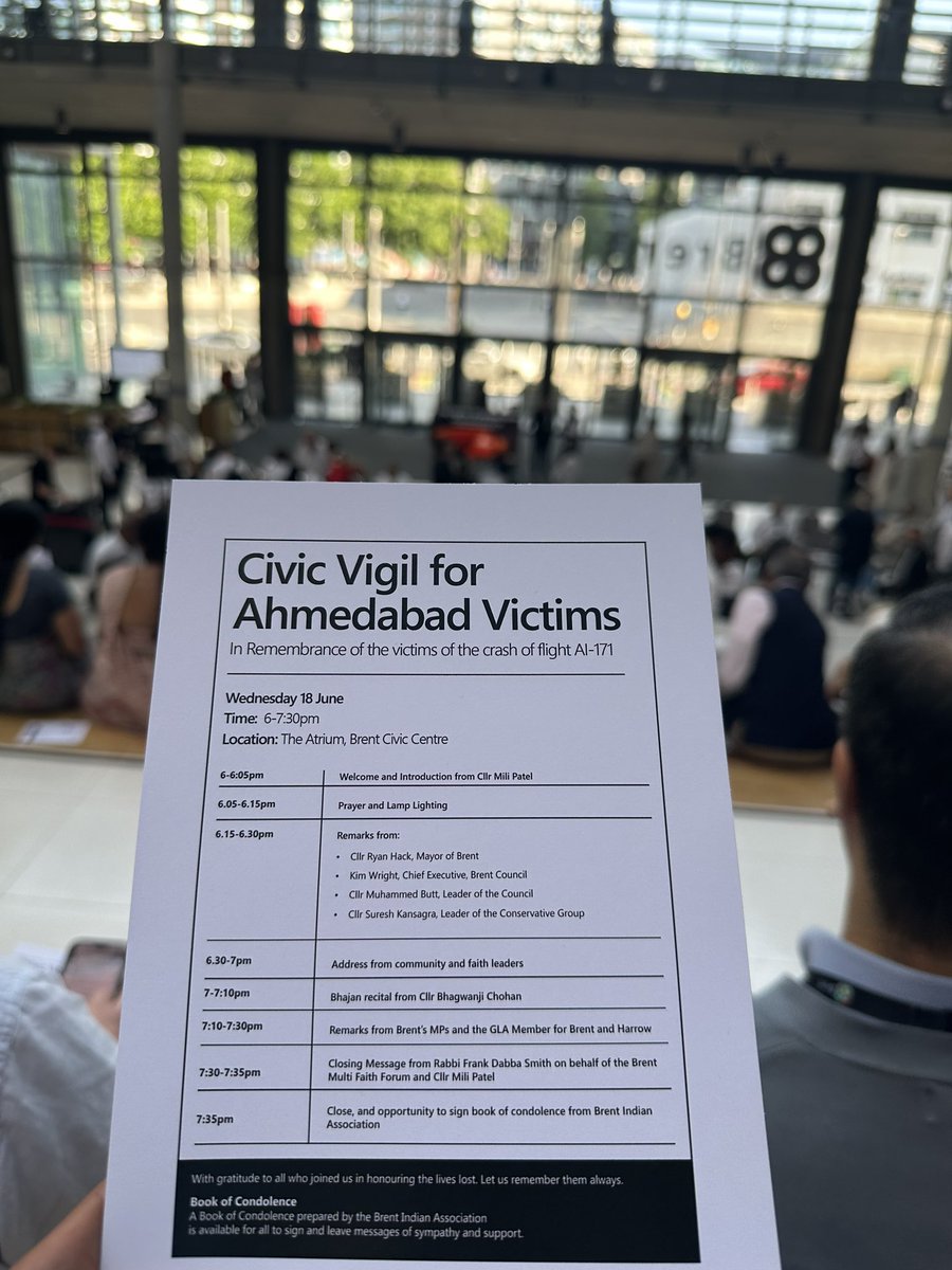 A moving and poignant civic vigil for the Ahmedabad victims, on board Air India 171 who sadly lost their lives in the tragic plane crash.

Many in Brent and beyond will have family and friends on AI-171 and this is a deeply sad moment for the wider community 🙏