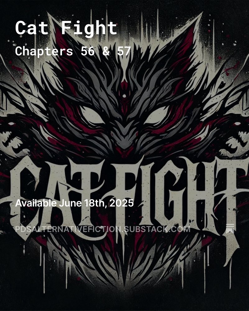 "Did you see the news about the guy who ate a girl's face?" The Occult &amp; The Hunger. Chapters 56 &amp; 57 from Cat Fight dropped this morning
pdsalternativefiction.substack.com/s/cat-fight
#bookboost #bookcommunity #booktwt #readingcommunity #readingforpleasure #horror #horrorcommunity #thriller #thrillers