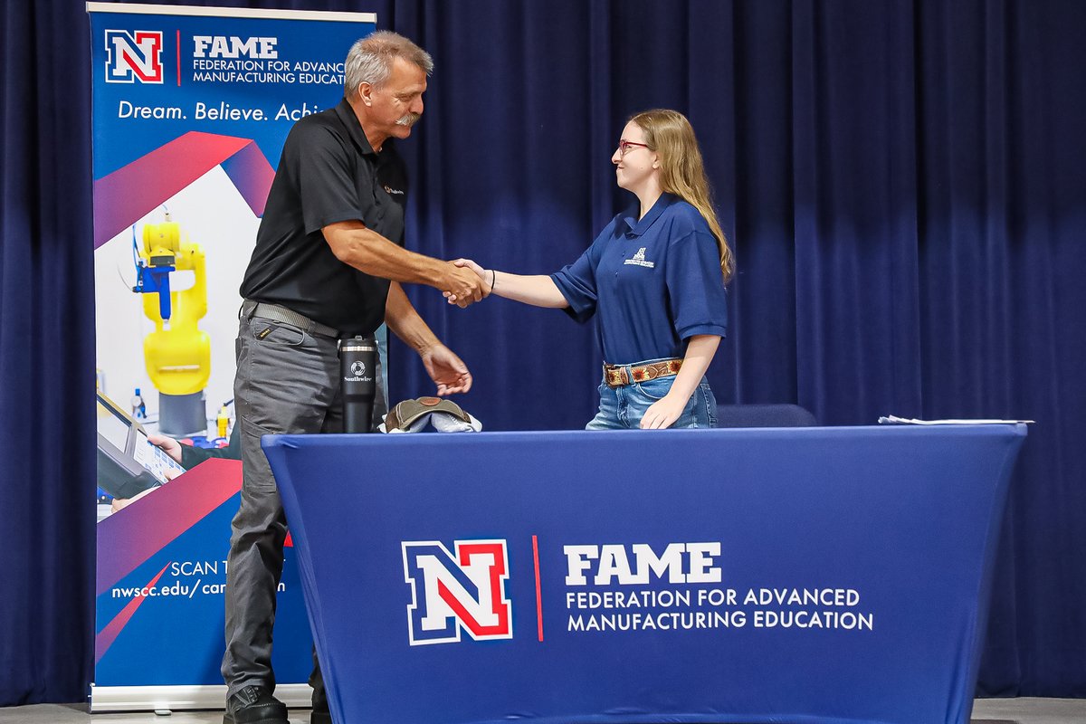 NWSCC's tweet image. NWSCC hosted a Federation for Advanced Manufacturing Education (FAME) Signing Day last Thursday (6/12) in the Patriot Center (gym) on the Shoals Campus as 23 students were sponsored by 11 local companies. READ MORE ➡ nwscc.edu/nwscc-signs-23… PHOTOS ⬇️ #nwscc #fame #signingday