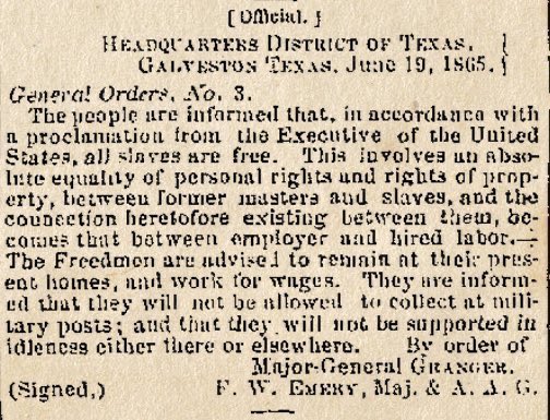 Tuit sobre el denominado #Juneteenth y su importancia en 🇺🇸. 

Juneteenth (June Nineteenth) rememora el día en que tropas federales estadounidenses llegaron a Galveston, Texas, en 1865 para tomar literalmente control del estado y garantizar liberación de personas esclavizadas.