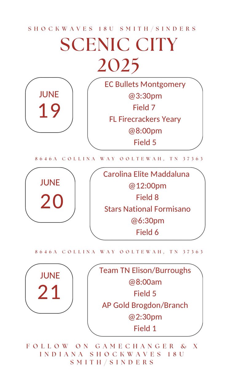 So excited to be back on the field In Chattanooga this weekend! 
Hope to see you there! 

Here’s our schedule!