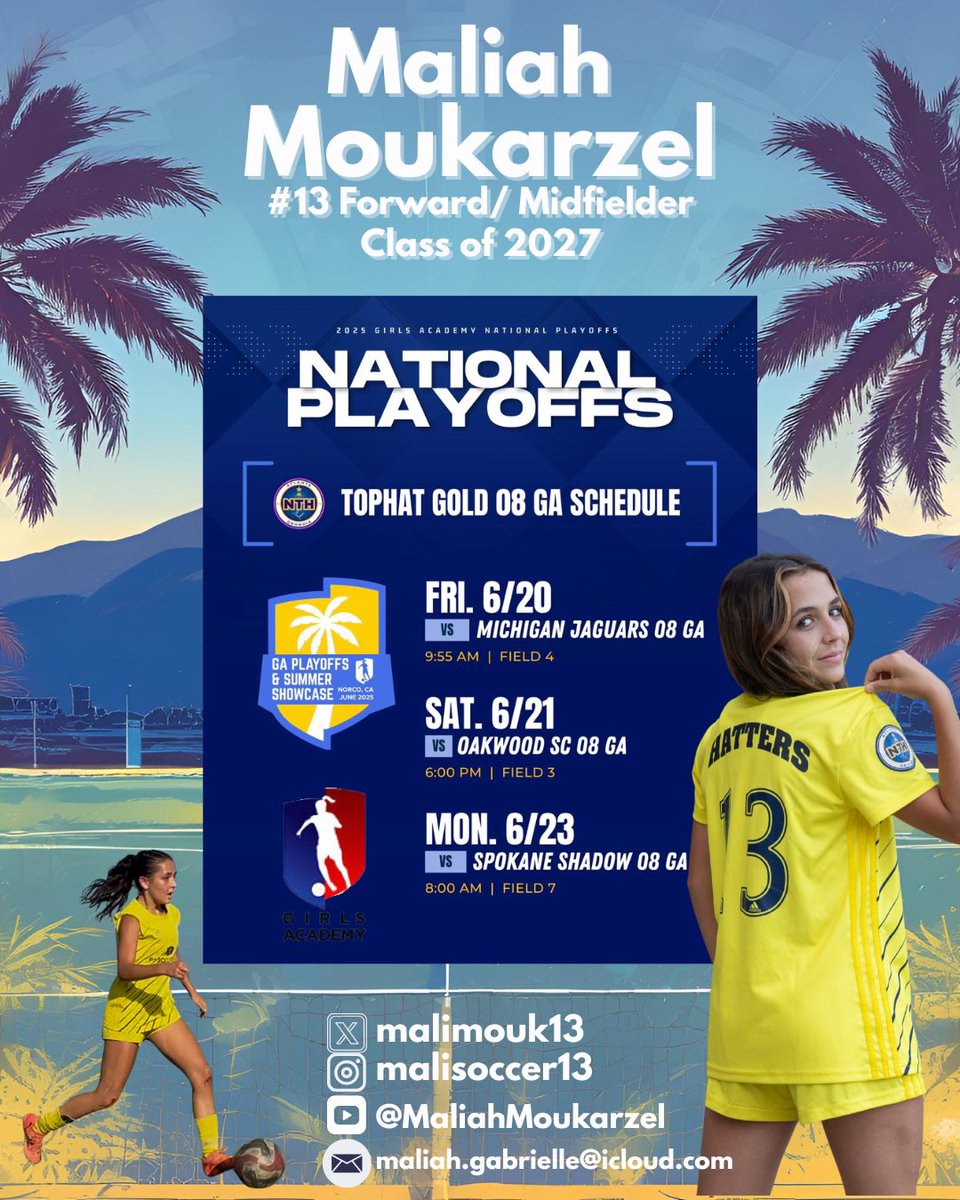 Maliah Moukarzel (@malimouk13) on Twitter photo Chasing the title at GA Playoffs in California. Come watch me and my team leave it all on the field!
•
•
<a href="/PrepSoccer/">Prep Soccer ⚽️</a> <a href="/TheSoccerWire/">SoccerWire</a> <a href="/Tophat08GA/">Tophat 08 Gold GA</a> <a href="/TopDrawerSoccer/">TopDrawerSoccer</a> <a href="/ImYouthSoccer/">ECNL/GA/Recruiting/College Soccer</a> <a href="/ImCollegeSoccer/">College Soccer Truth ™</a> Chasing the title at GA Playoffs in California. Come watch me and my team leave it all on the field!
•
•
<a href="/PrepSoccer/">Prep Soccer ⚽️</a> <a href="/TheSoccerWire/">SoccerWire</a> <a href="/Tophat08GA/">Tophat 08 Gold GA</a> <a href="/TopDrawerSoccer/">TopDrawerSoccer</a> <a href="/ImYouthSoccer/">ECNL/GA/Recruiting/College Soccer</a> <a href="/ImCollegeSoccer/">College Soccer Truth ™</a>