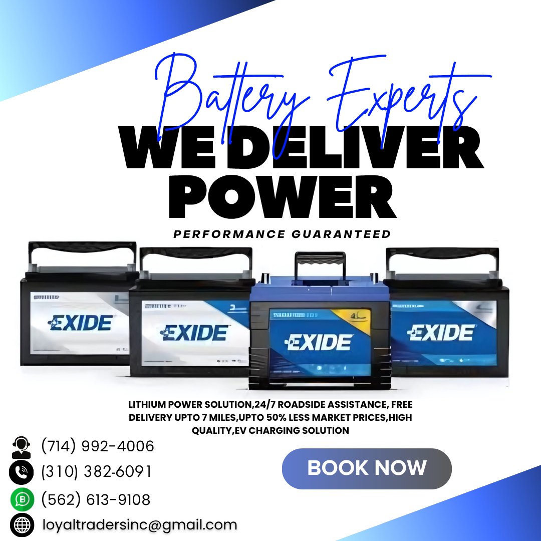 LoyalTradersinc's tweet image. 🔋 We Deliver Power – Anytime, Anywhere!
Trusted Exide batteries with expert installation and fast delivery.
✅ Lithium &amp;amp; EV Solutions
✅ 24/7 Roadside Assistance
✅ Up to 50% OFF
📦 Free delivery up to 7 miles
📞 Call now: (714) 992-4006
#BatteryExperts #LoyalTraders