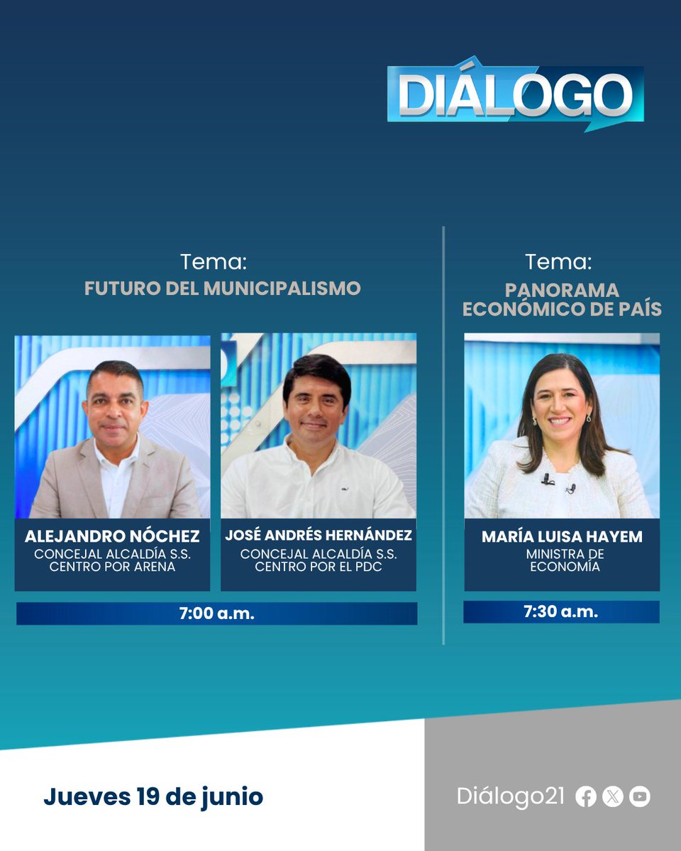 #Diálogo21 | Este jueves, no te pierdas Diálogo21, donde abordaremos los temas de mayor relevancia nacional. 

A partir de las 7:00 a.m., sintoniza por la señal de Grupo Megavisión.