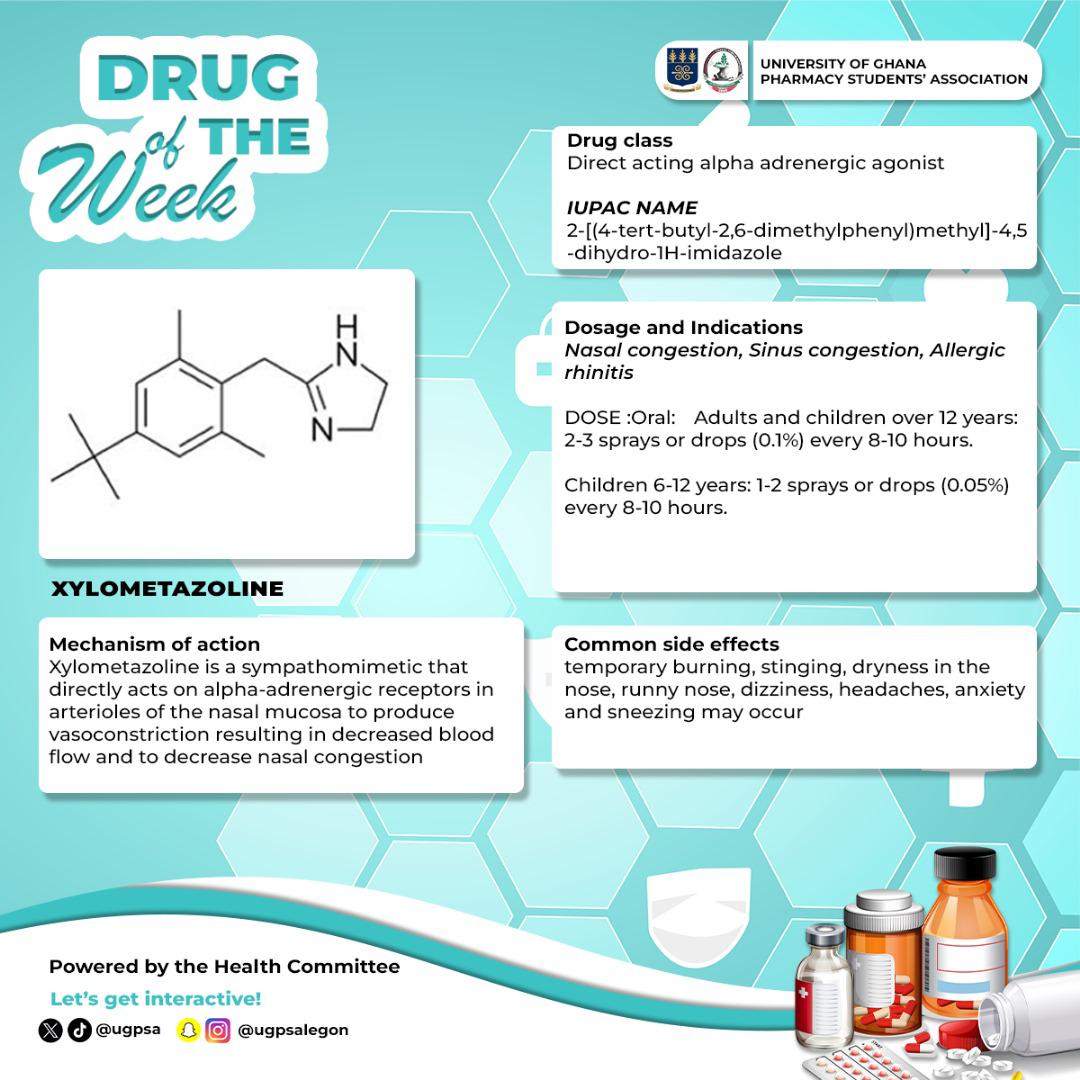 🌟 DRUG OF THE WEEK 🌟

Xylometazoline – Breathe Easy, Live Freely! 👃💨

This nasal decongestant brings fast relief from blocked noses due to colds, sinusitis, or allergies.

⚠️ Use short-term only — prolonged use may worsen symptoms!

Let your nose know who's boss! 😤✅