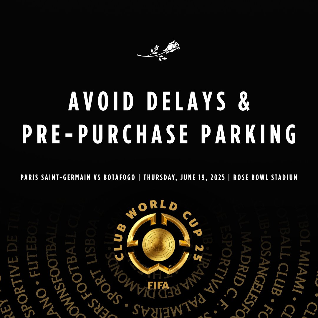 Pre-purchase parking for tomorrow's match now: eventpass.justpark.com/rosebowlstadiu…

Advance parking must be purchased by 11:45 PM PST on Wednesday, June 18th.

#FIFACWC #rosebowl