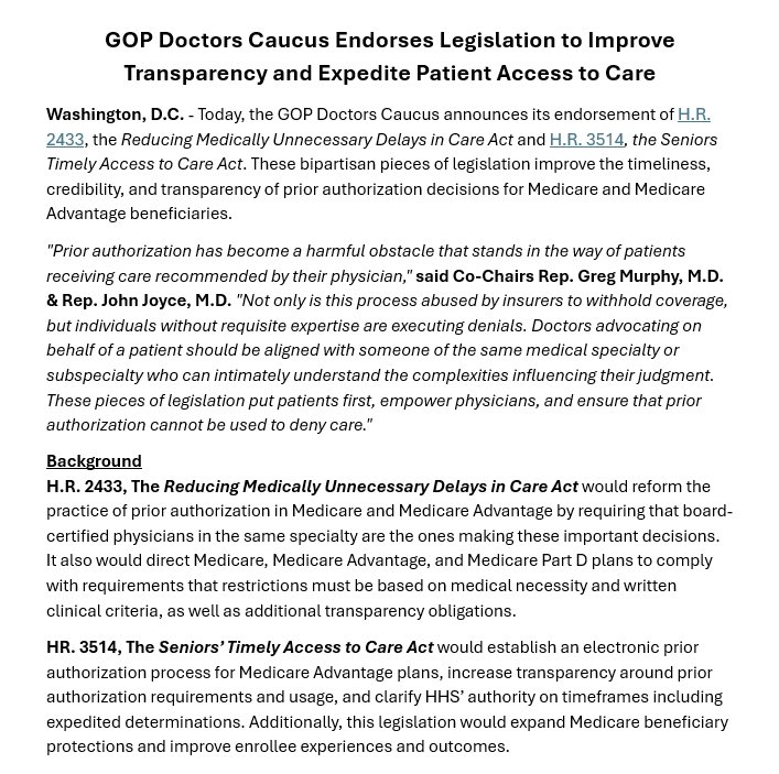 GOPDoctors's tweet image. The GOP Doctors Caucus is proud to endorse two pieces of legislation introduced by @RepMarkGreen and @MikeKellyPA to streamline the prior authorization process and ease access to care for millions of patients. Read more on our endorsement below: