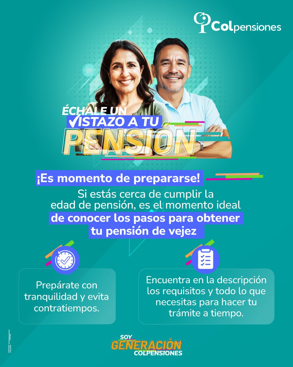 ¡Prepárate para tu pensión con tranquilidad! 🇨🇴
Si estás cerca de la edad, infórmate con tiempo, reúne tus documentos y asegura una jubilación merecida.
En #Colpensiones te ayudamos a tomar el control de tu futuro. 🔍
#PensiónColpensiones #Vejez