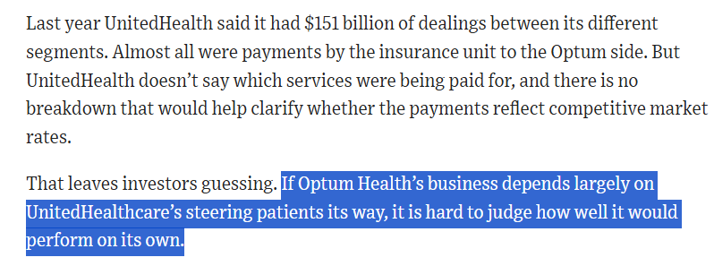 dp_oneill's tweet image. Pretty clear @WSJ summary of concerns about vertically-integrated insurers (not just UHC!).
The "provider" subsidiaries do depend on the parent insurer steering patients their way. And, what's not mentioned - the insurer obligating independent providers to contract with that sub