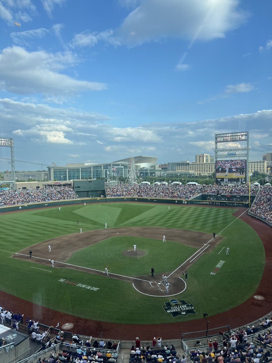 Arkansas strikes first as Ryder Helfrick smokes a ball. 

The 417 foot home run gives the Razorbacks a 1-0 lead