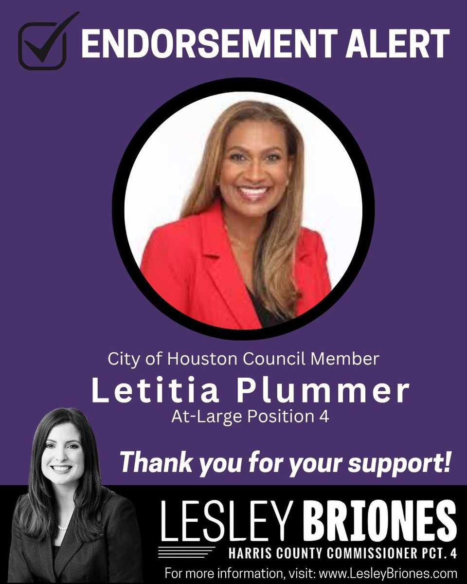 Lesley Briones (@lesleybrionestx) on Twitter photo I'm thrilled to announce that Council Member <a href="/plummer4hou/">Letitia Plummer for Houston</a> has endorsed our campaign for re-election!
Dr. Plummer is a voice for justice, a champion for working families, and a dedicated public servant. I'm thrilled to announce that Council Member <a href="/plummer4hou/">Letitia Plummer for Houston</a> has endorsed our campaign for re-election!
Dr. Plummer is a voice for justice, a champion for working families, and a dedicated public servant.